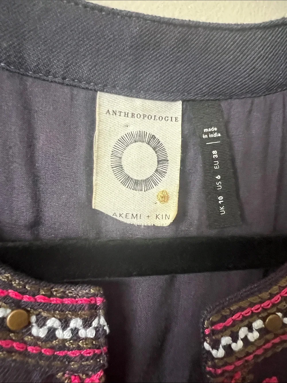 Akemi + Kin Anthropologie Embroidered Boho Shift Dress Navy Fringe Size 6